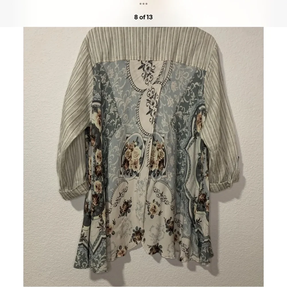 John Mark plus size Embellished mixed Fabric Button-Up Shirt - Picture 6 of 13